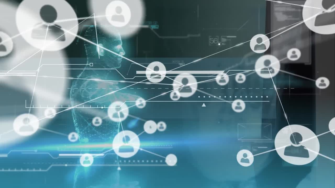 데이터 처리 및 디지털 인간 모델에 대한 아이콘으로 연결 네트워크의 애니메이션