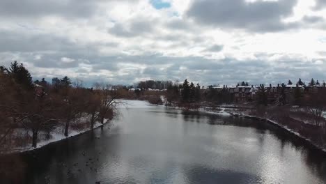 cinematic flight through trees and over a large lake - aerial view