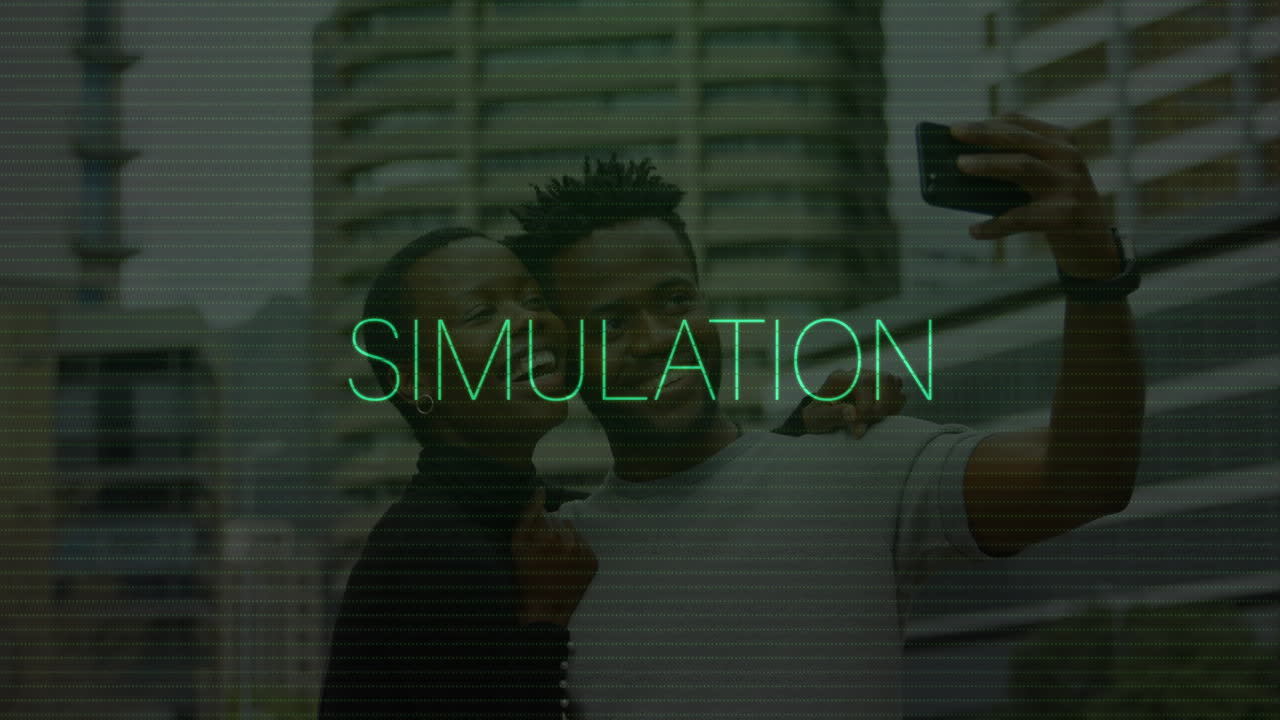 Taking selfie with simulation text, couple in urban setting with animation