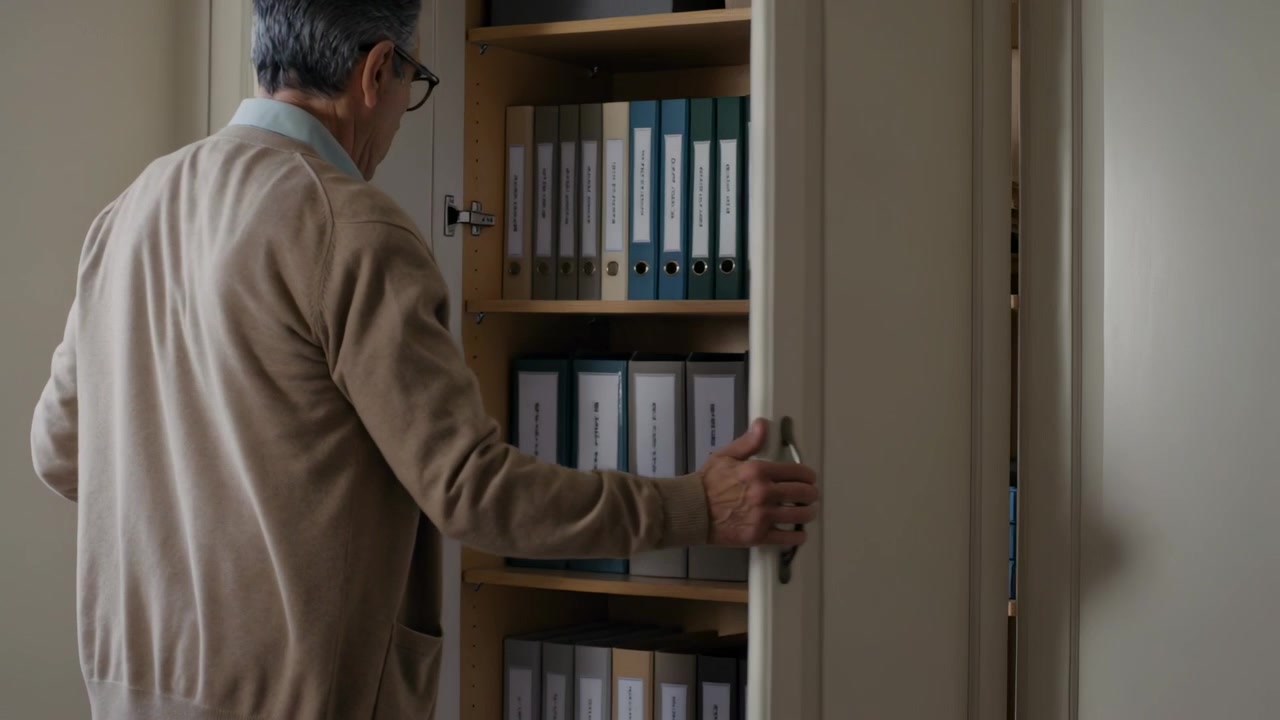 Reaching senior in sweater and glasses opening study cabinet checking binders for files, copy space