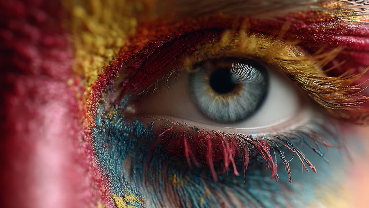 A Close-Up of a Beautiful Eye Adorned with Vibrant Multicolored Face Paint, Showcasing Stunning Details and Artistic Expression in Creative Makeup Design