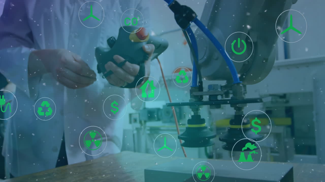 animación de puntos de luz con iconos de ecología sobre científica caucásica usando un dispositivo en el laboratorio