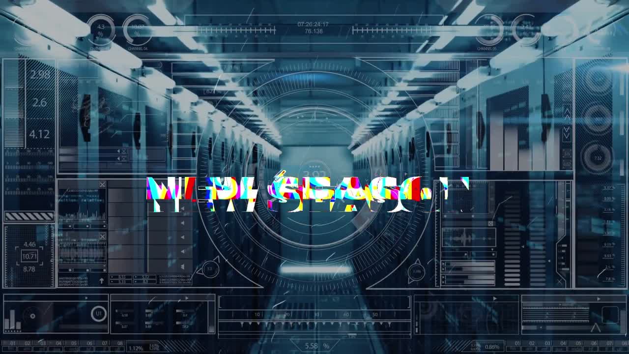 Animation of new season text and hud interface over data server room