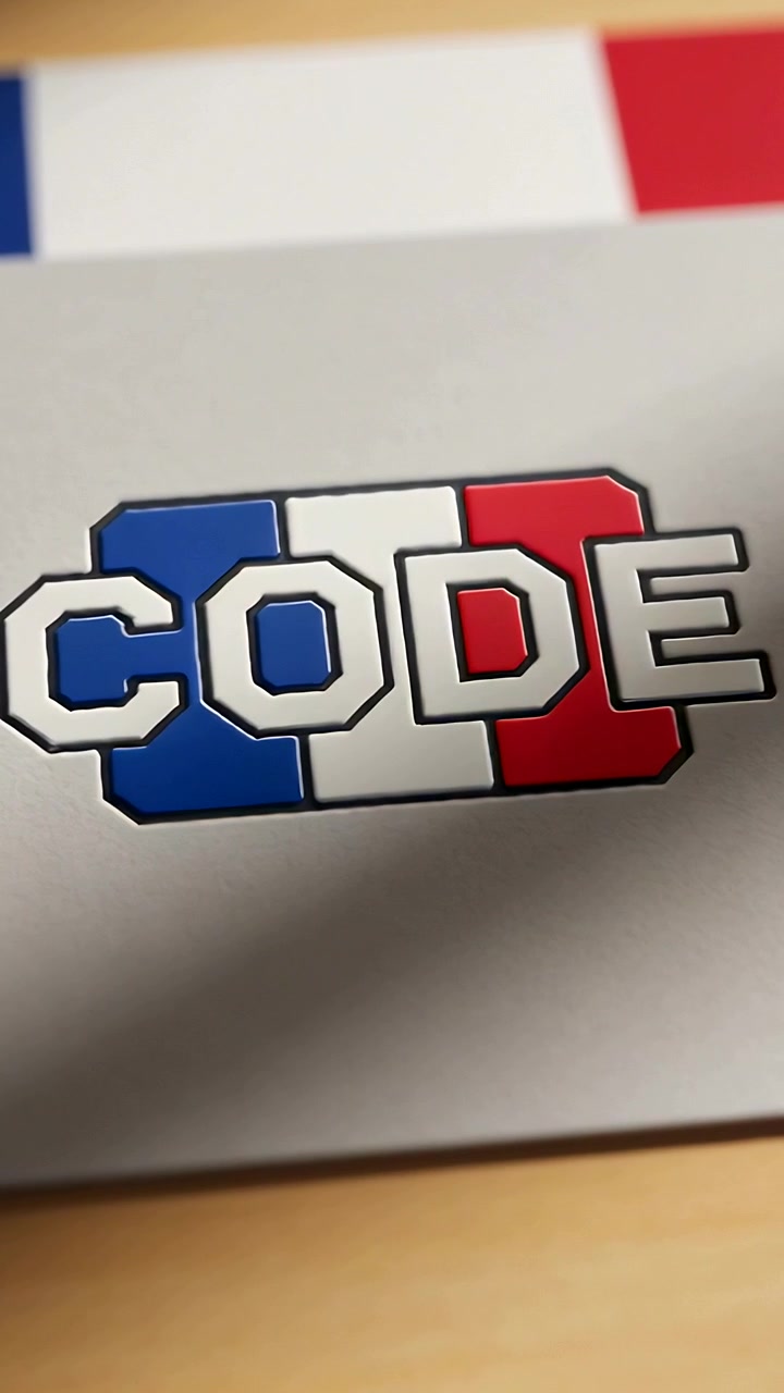 Video verticale: Telecamera che si inclina spostandosi in basso a destra sulla scrivania, centrando l'emblema CODE, striscia tricolore