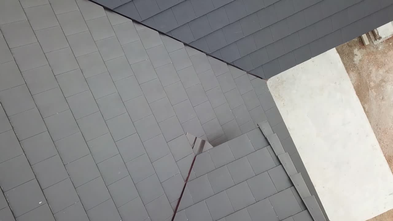 New and Clean Ceramic Roof Tile, Close up, Aerial Shot