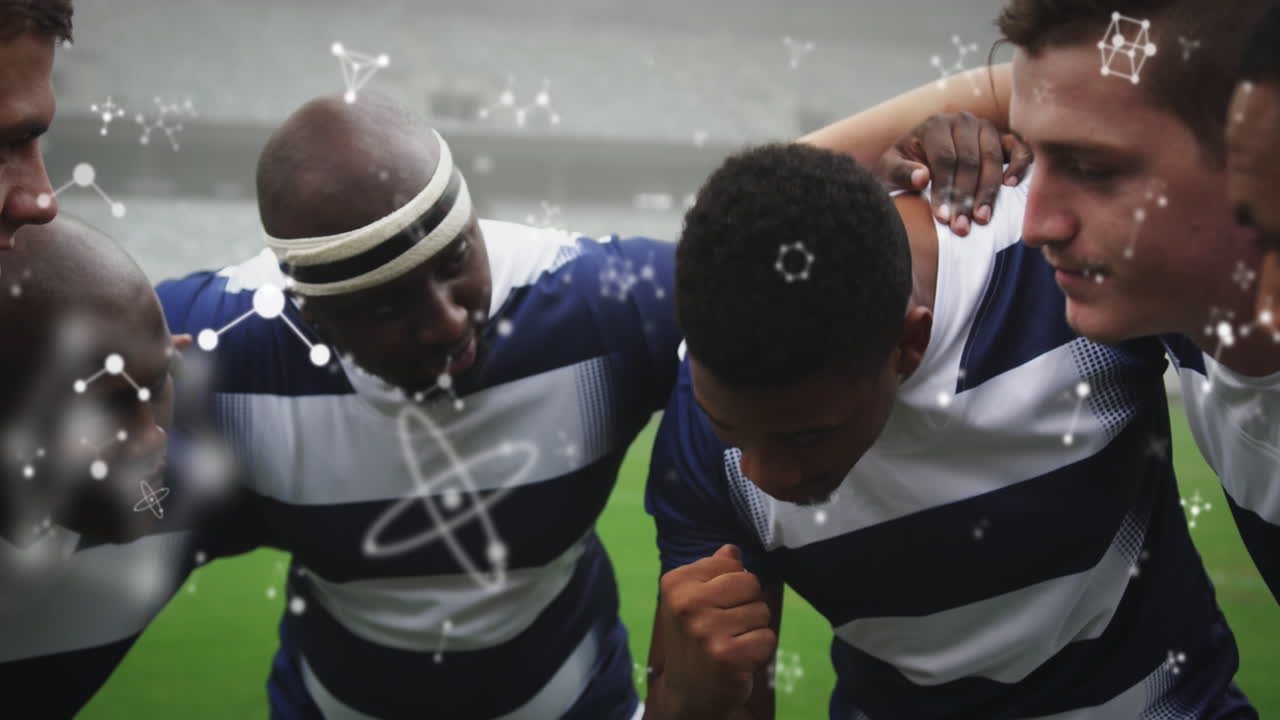 스타디움에서 남성 럭비 선수들에 대한 화학 구조의 애니메이션