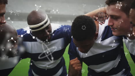 animación de estructuras químicas sobre jugadores de rugby masculinos en el estadio