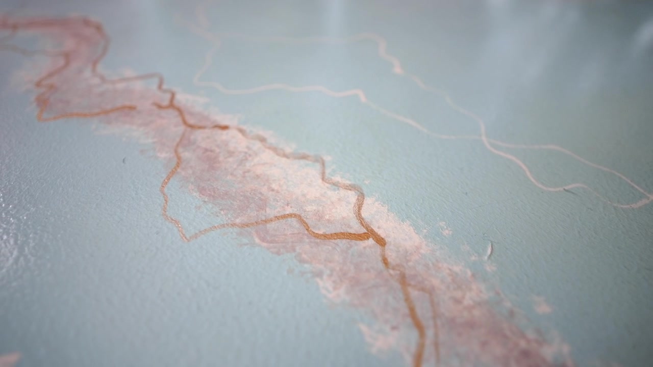 Close-up of Abstract Textured Painting with Copper and Blue Tones