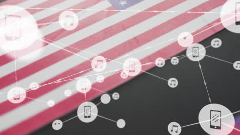 animation of icons connected with lines over national flags of america on black background