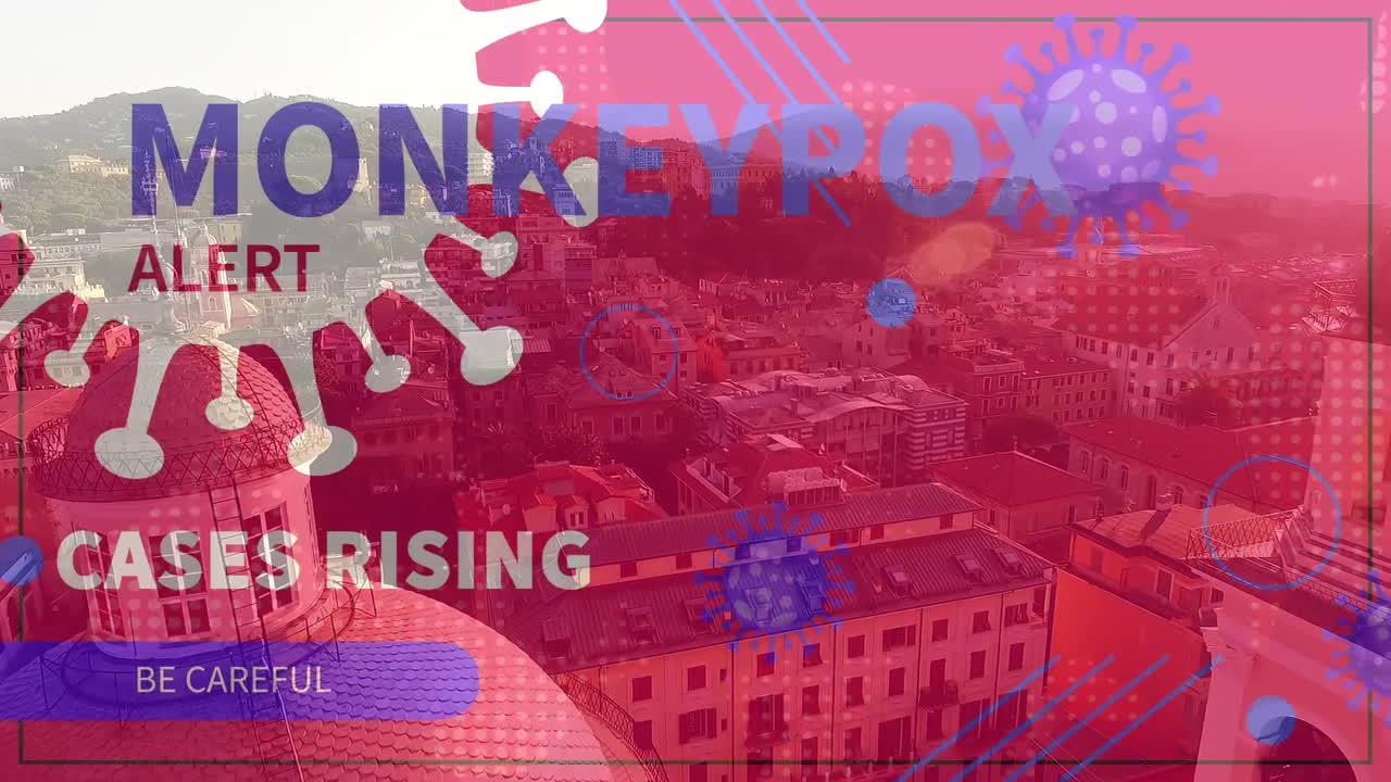 바이러스와 도시 풍경 위의 원 ⁇ 이 천연두의 애니메이션