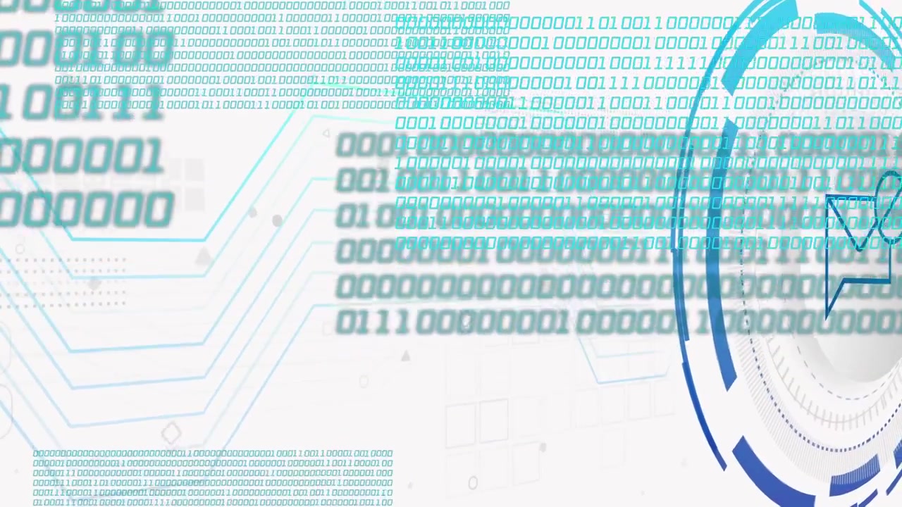 Binary columns expanding, circular HUD growing, scanning, circuit lines linking for mail search