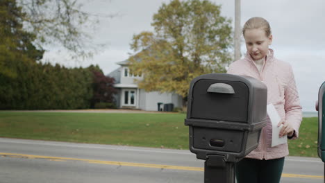 a child picks up letters from a street mailbox in a us suburb.