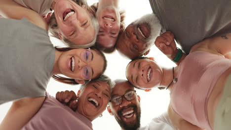 Fitness,-face-and-friends-in-a-circle-low-angle