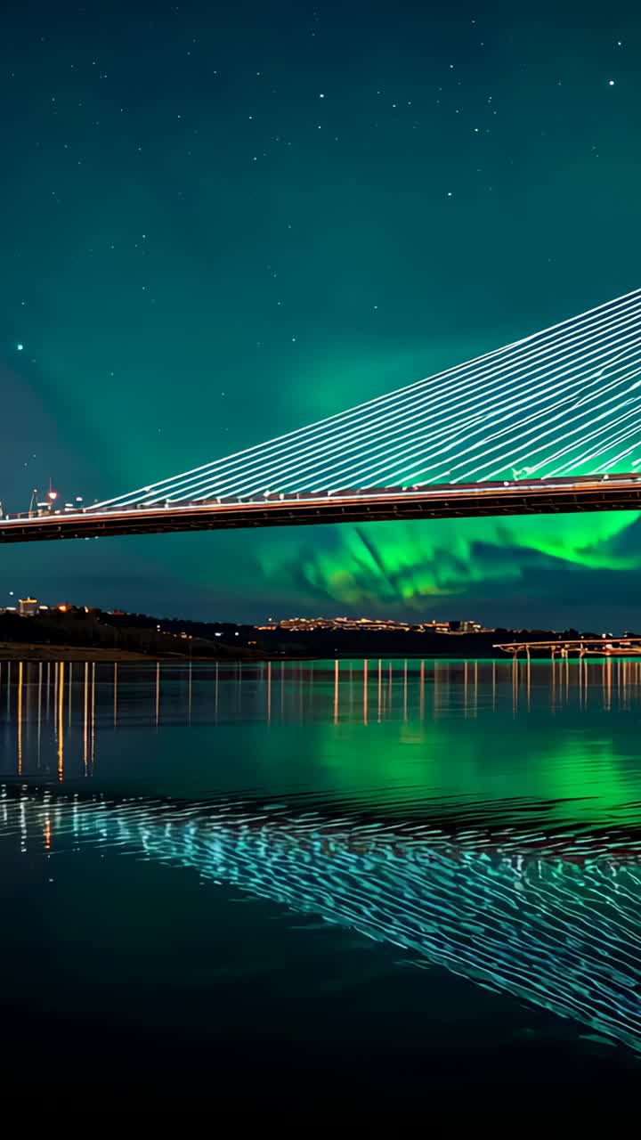 Vertical video: Auroral glow brightening above cable-stayed bridge over river, reflecting in water