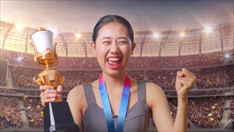 スタジアムで勝利を祝う女性