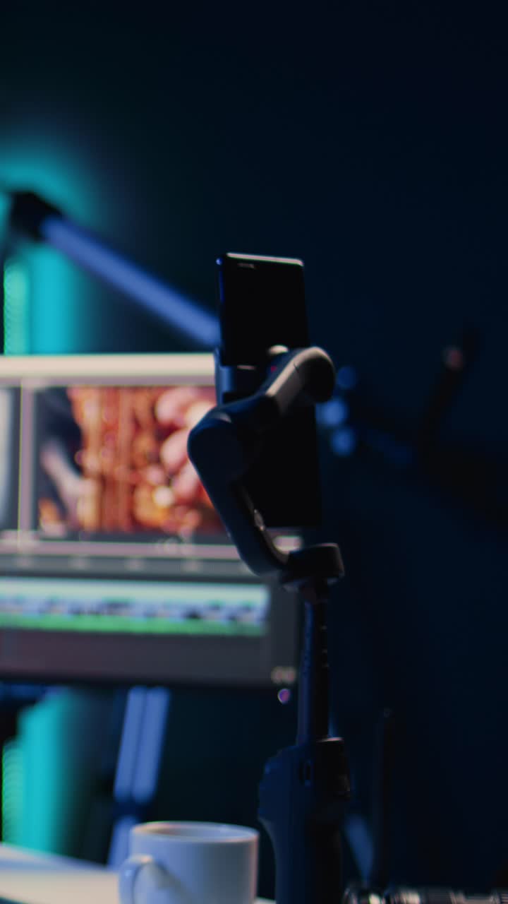 Video verticale. Smartphone su treppiede utilizzato da un videografo per insegnare agli spettatori online a creare effetti visivi video