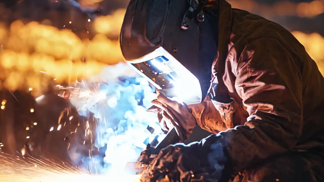 A man in a protective suit is working with sparks and fire. The scene is set in a field with a sunset in the background. Scene is intense and dangerous, as the man is working with high-risk materials