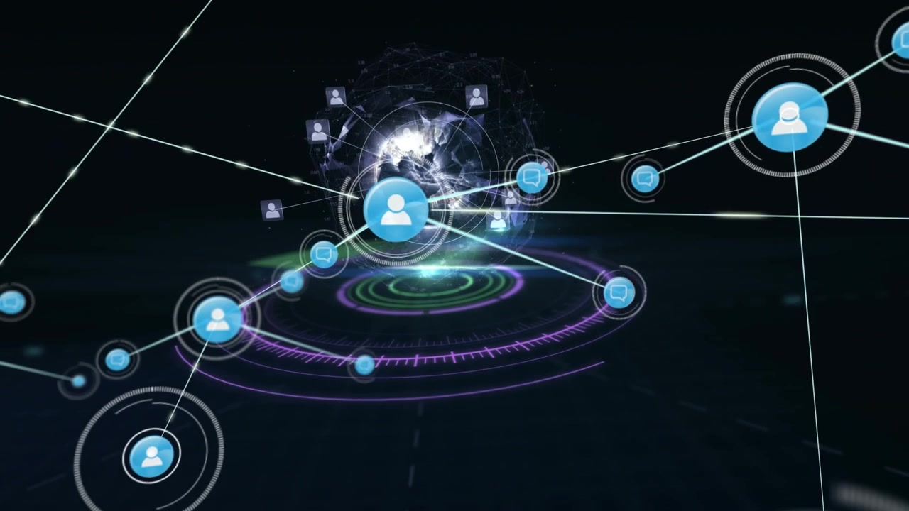 Animation of network of connections over scope scanning and globe on black background