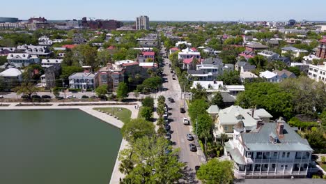 charleston south carolina aerial shot of colonial lake park and street dolly forward shot close up
