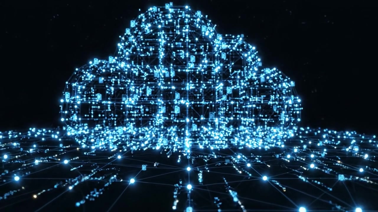 A Stunning Visual Representation of Digital Connectivity: A Network of Blue Nodes and Cloud Structures Reflecting the Dynamics of Modern Data Interaction and Cloud Computing