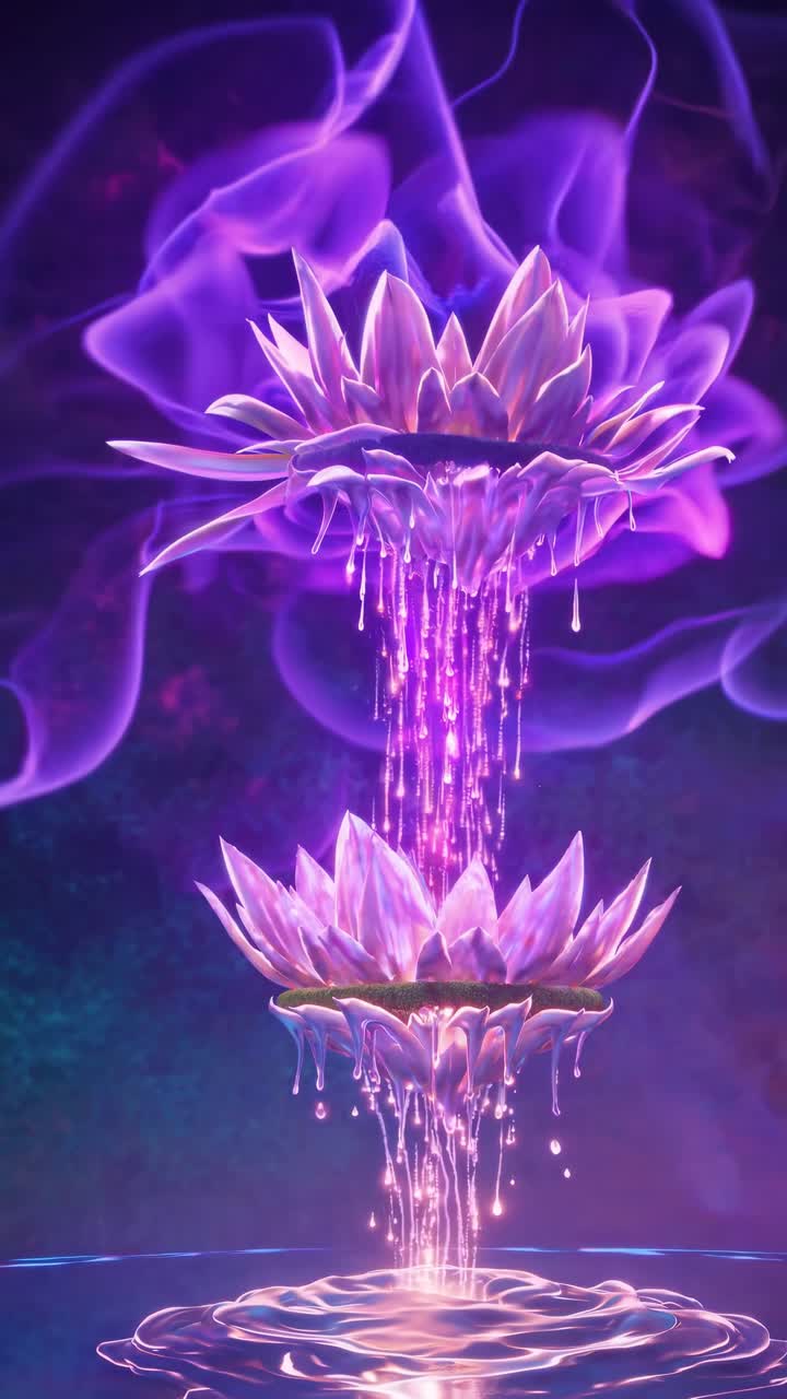 Un fermo immagine ipnotizzante di un fiore blu luminoso che si riversa in un altro, ripreso da una posizione bassa