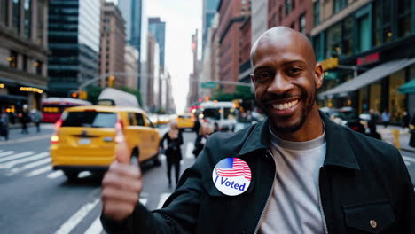 man proudly displays 'i voted' sticker with thumbs up in city