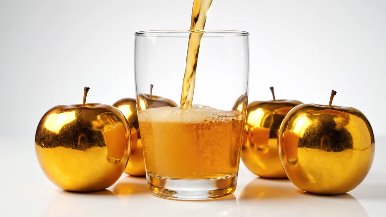Golden apples and juice being poured into a glass