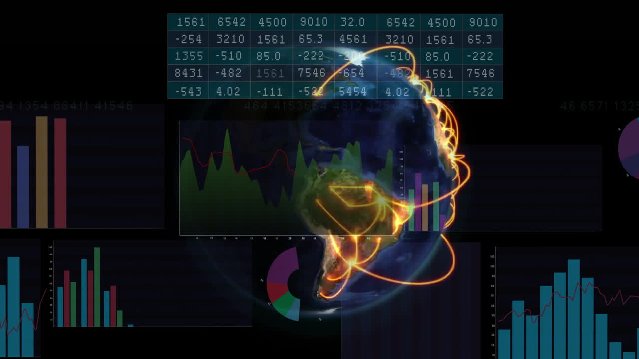 Animation of digital data processing over globe on black background