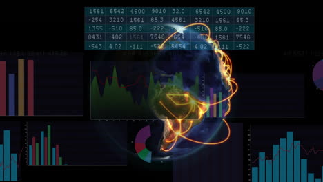 Animation-Der-Digitalen-Datenverarbeitung-über-Dem-Globus-Auf-Schwarzem-Hintergrund