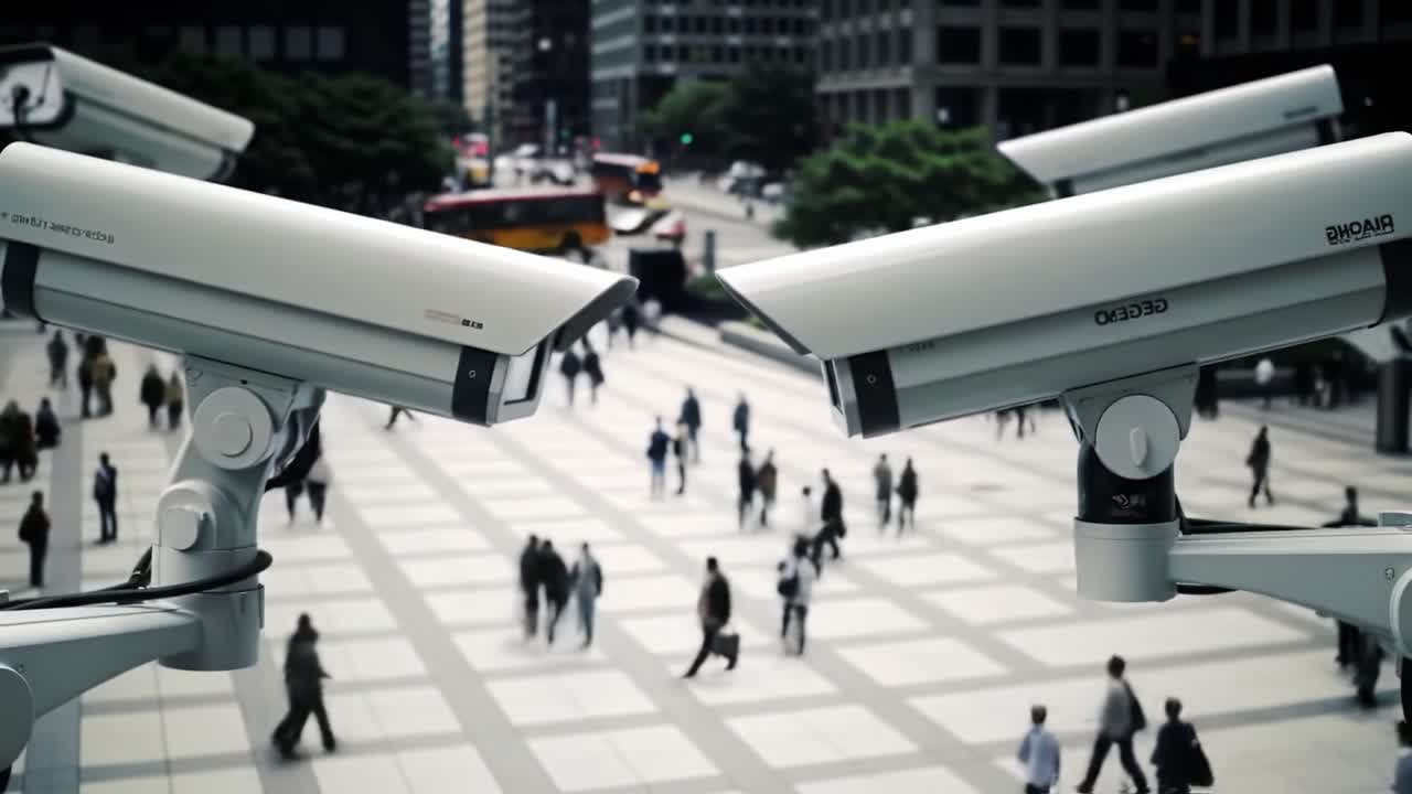 Surveillance Footage: Two CCTV Cameras Overlooking a Busy Urban Plaza Filled with Pedestrians, Capturing the Pulse of City Life in Real Time