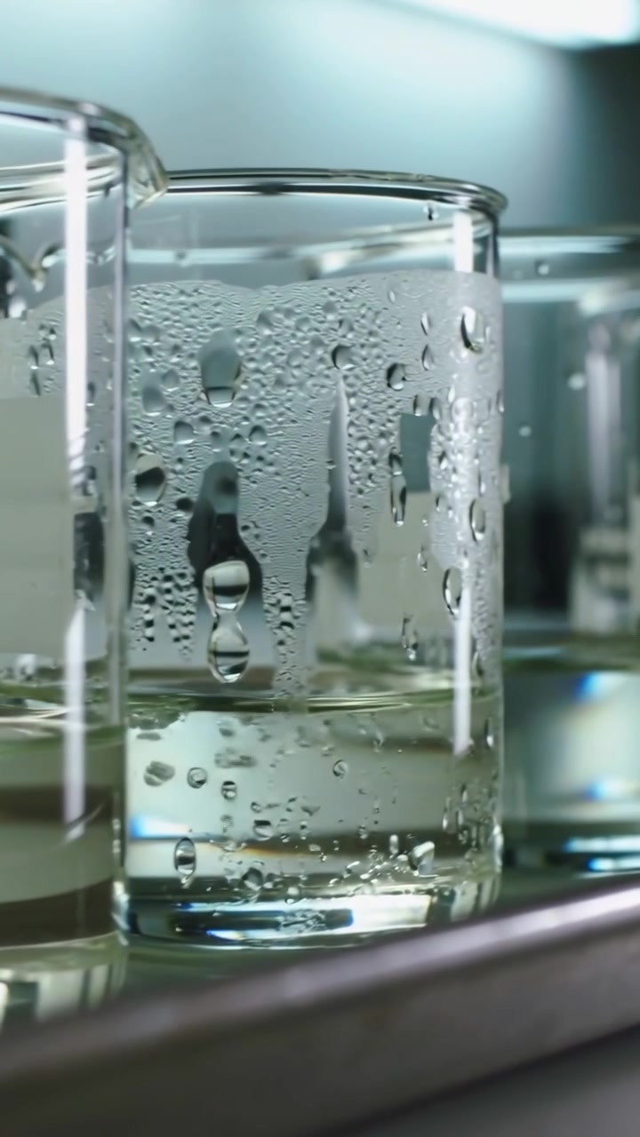 Vertical video: Moving camera showing beakers condensing droplets on tray at bench to show motion