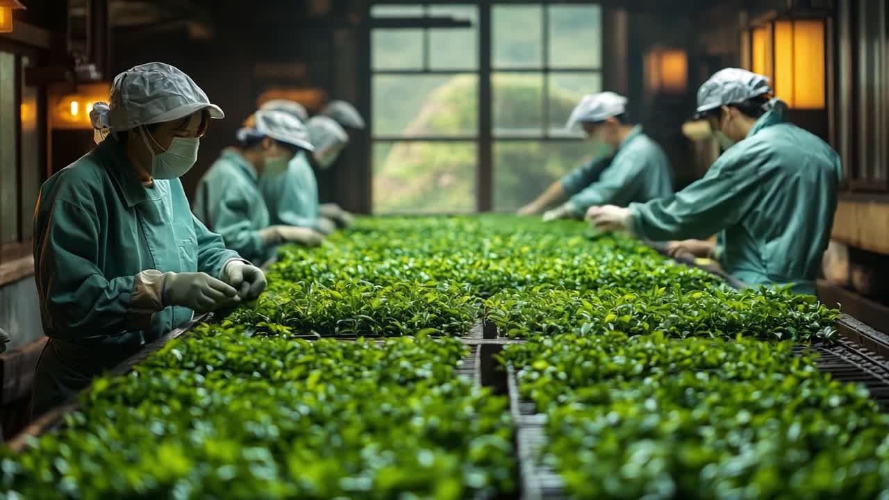 Workers Harvesting Tea Leaves in a Tea Plantation