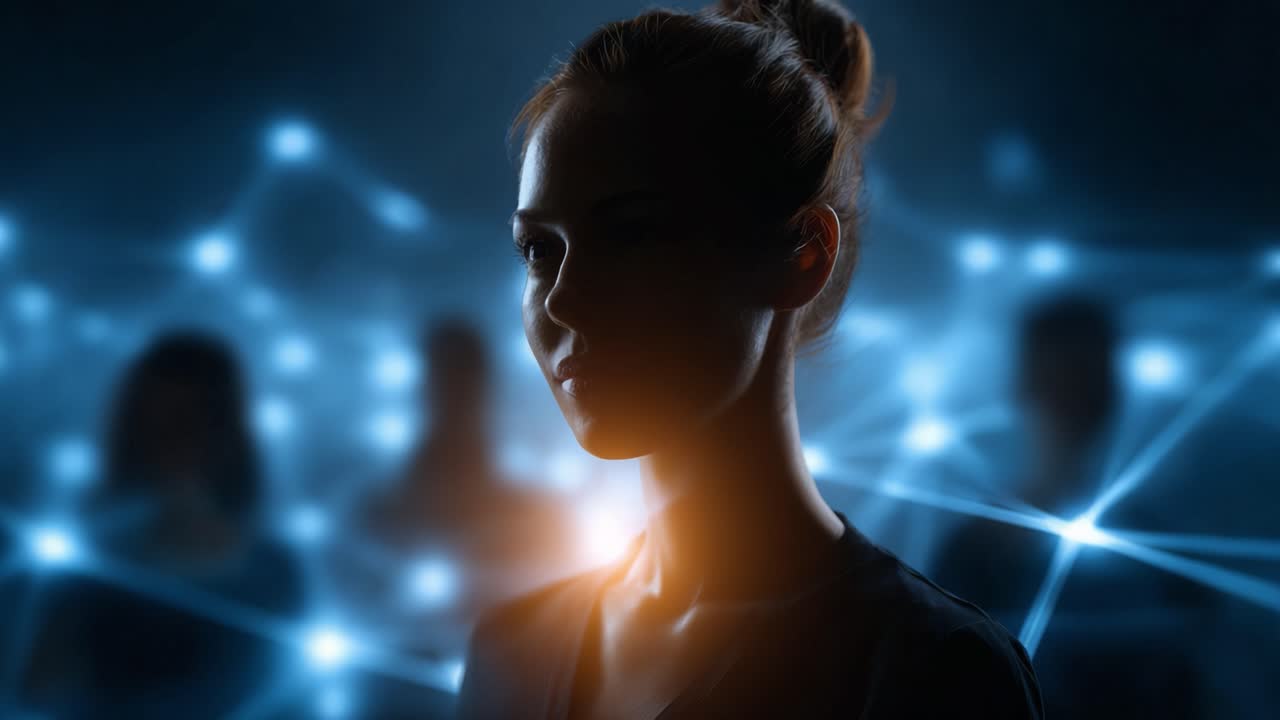 Um retrato cativante de uma mulher em pé contra um fundo azul brilhante, incorporando mistério e introspecção em uma rede digital de conexões e sombras