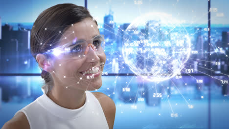 smiling woman is using futuristic glasses