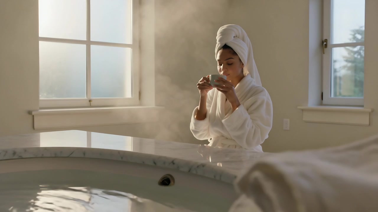 Lifting bowl, faucet running, woman in robe smelling, applying cream to face for skincare, spa bath