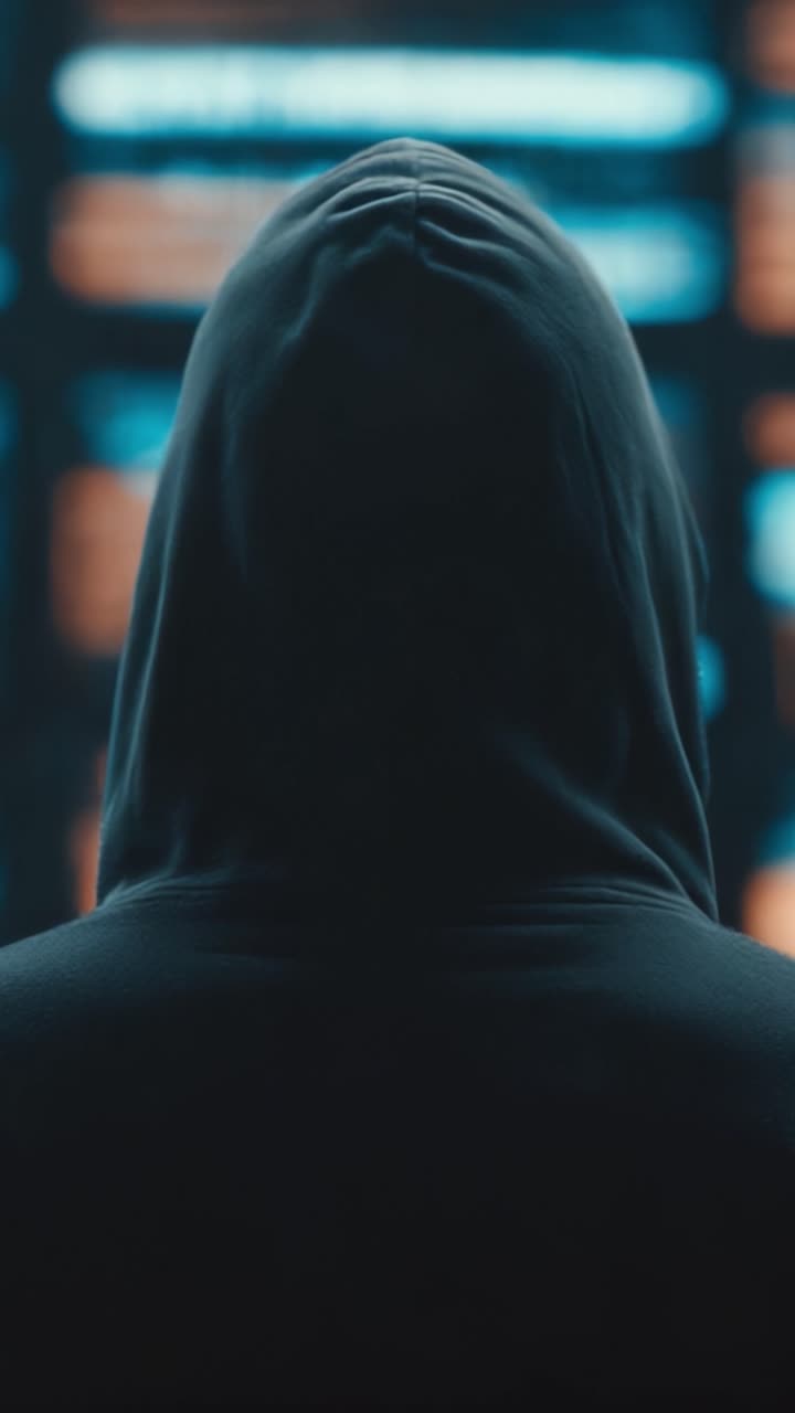 Una figura misteriosa envuelta en sombras y luces, capturada en dos fotogramas que revelan elementos intrigantes de tecnología moderna y una presencia enigmática