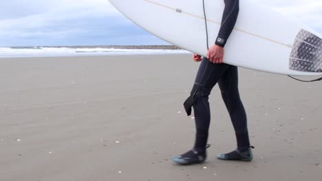 Foto-Lateral-De-Un-Hombre-Caminando-Hacia-El-Océano-Con-Una-Tabla-De-Surf-Y-Un-Traje-De-Neopreno-Listo-Para-Surfear