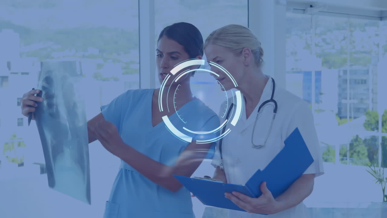 animación de escaneo de alcance sobre mujeres médicas utilizando escaneo de rayos x