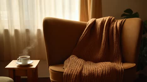 cozy armchair with coffee and blanket by the window