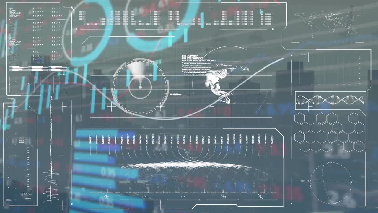 Animation of interface with financial and stock market data processing against view of cityscape