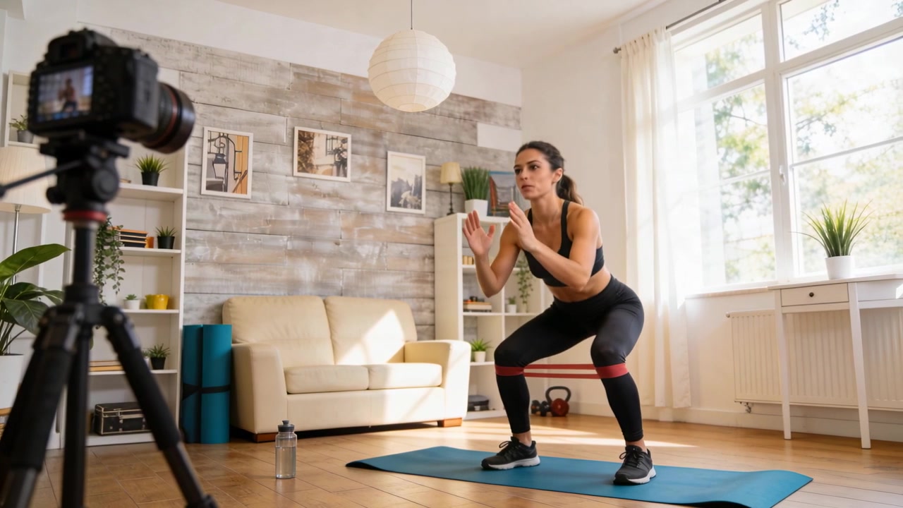 Tripod camera starting recording, woman in black performing squats with red band on mat at home