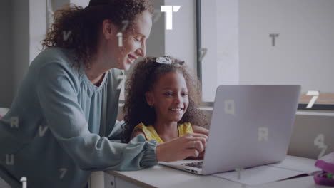 animation of data processing over happy diverse female teacher and schoolgirl using laptop in class