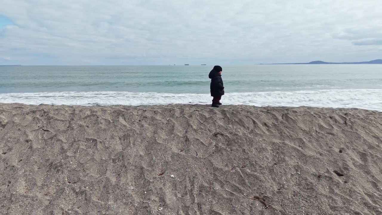 Una persona cammina lungo una spiaggia sabbiosa vicino alle onde e all'oceano sotto un cielo nuvoloso alla luce del pomeriggio