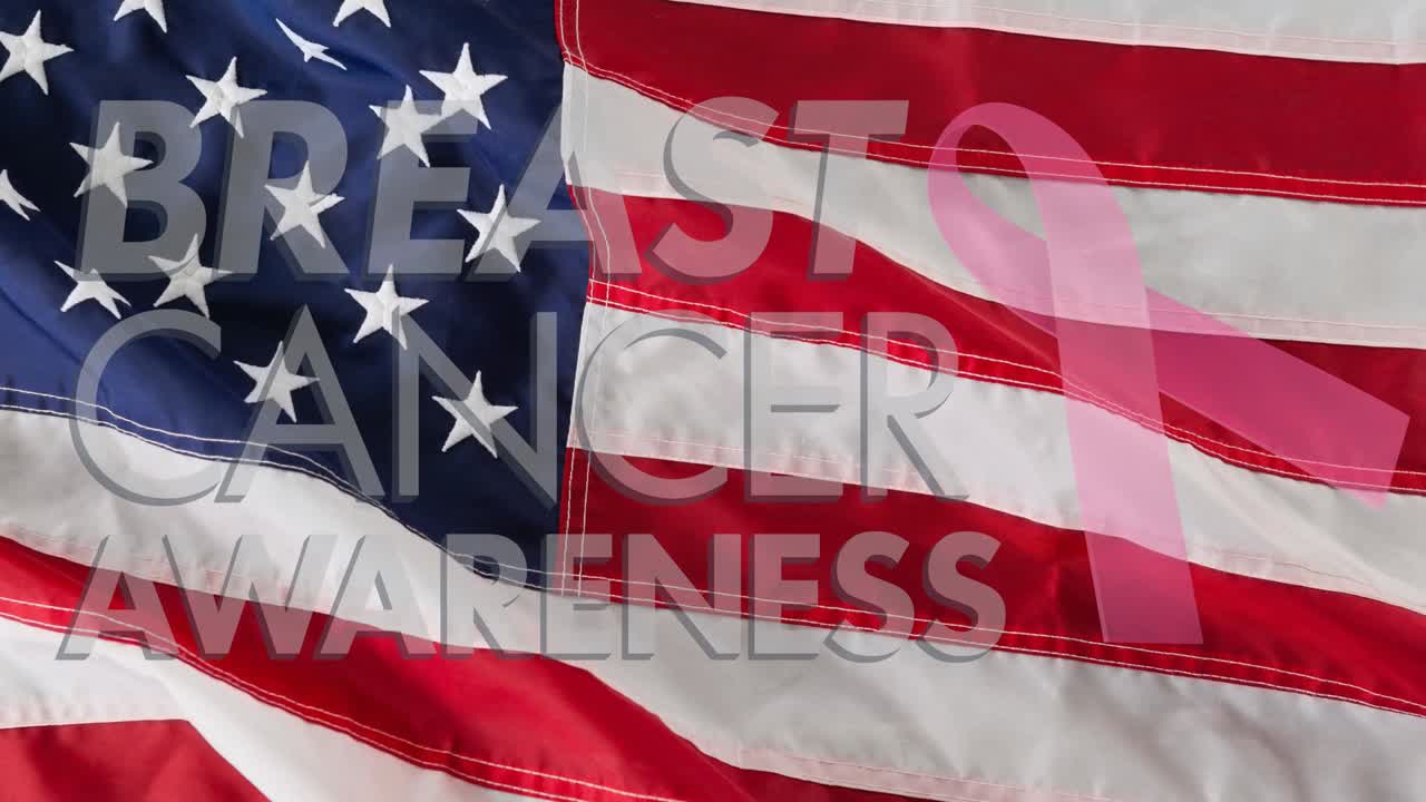 미국 국기 위에 유방암 텍스트가 있는 분홍색 리본 로고의 애니메이션