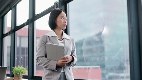 Asian-woman,-face-and-tablet-by-window-in-office