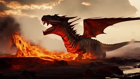 fiery dragon in a volcanic landscape