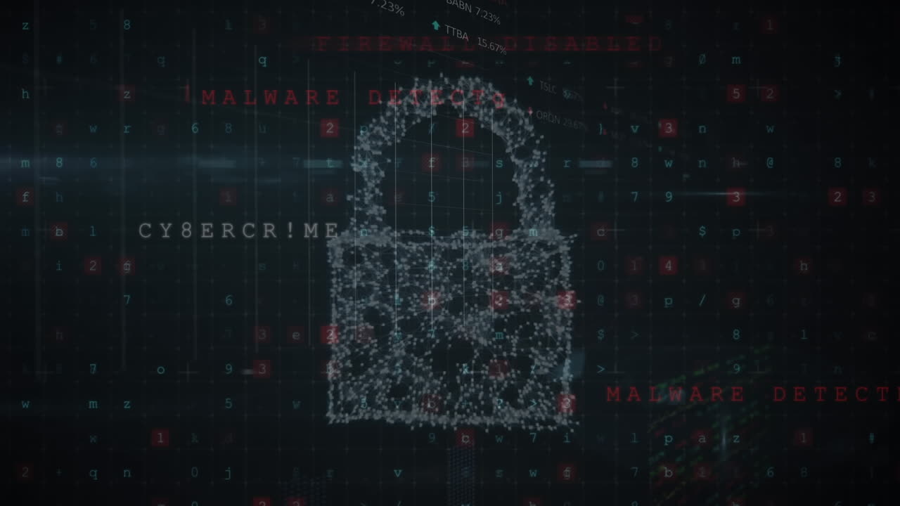 animación de un candado de seguridad e icono de nube sobre el procesamiento de datos de ciberseguridad en fondo azul.