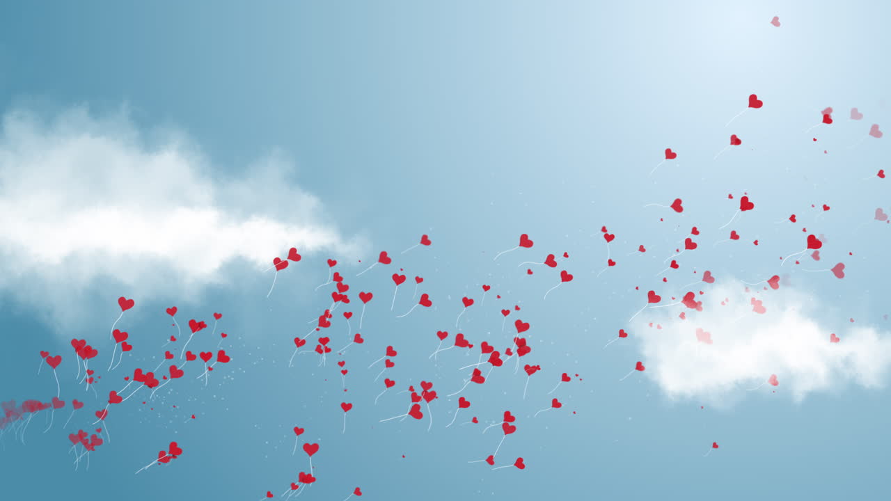 Red balloon heart shape flying on the blue sky over the cloud. Valentine's day holiday card. Loop animation. Copy space.