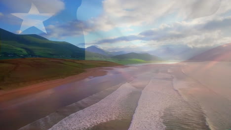 digital composition of waving chile flag against aerial view of the beach and sea waves