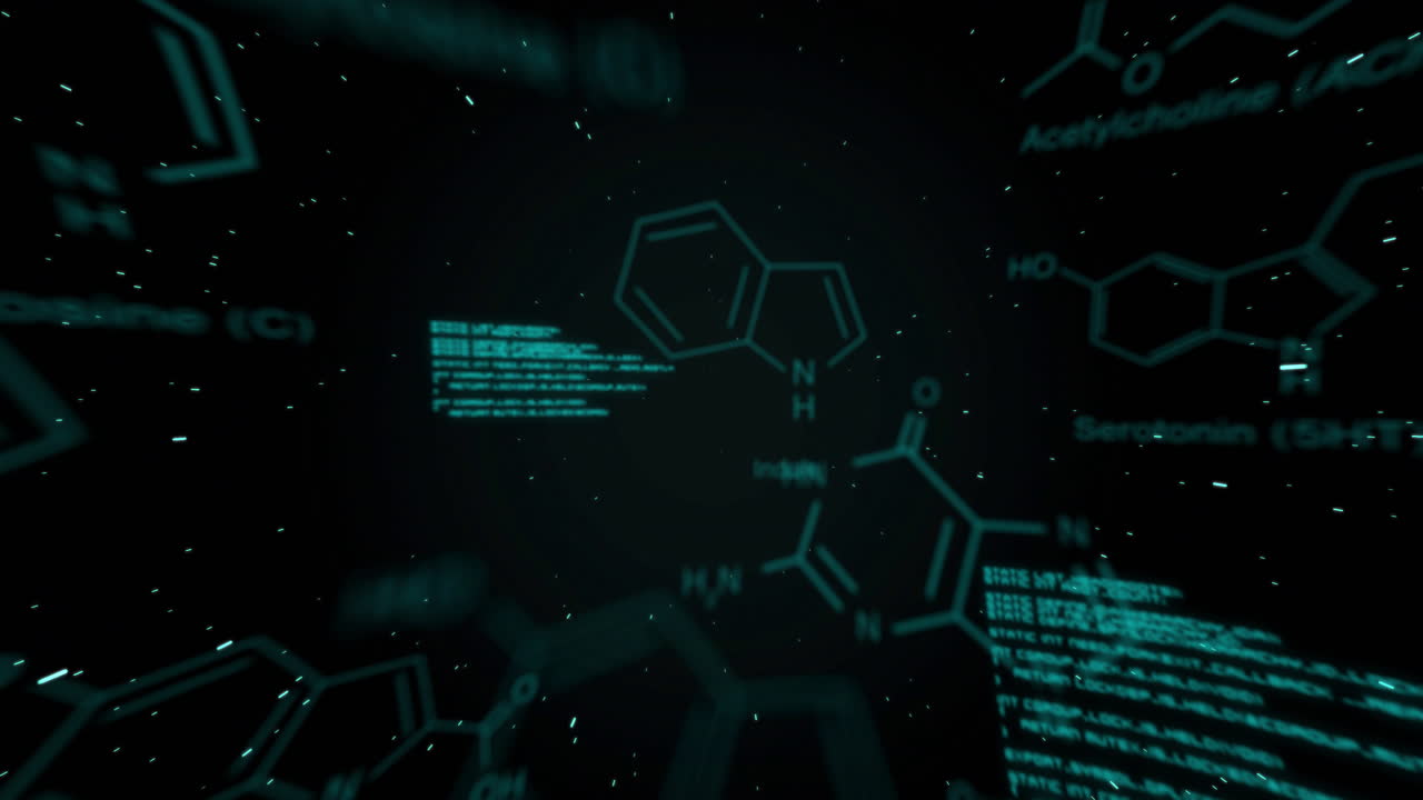 Chemical structures and molecular formulas animation over dark background with floating particles
